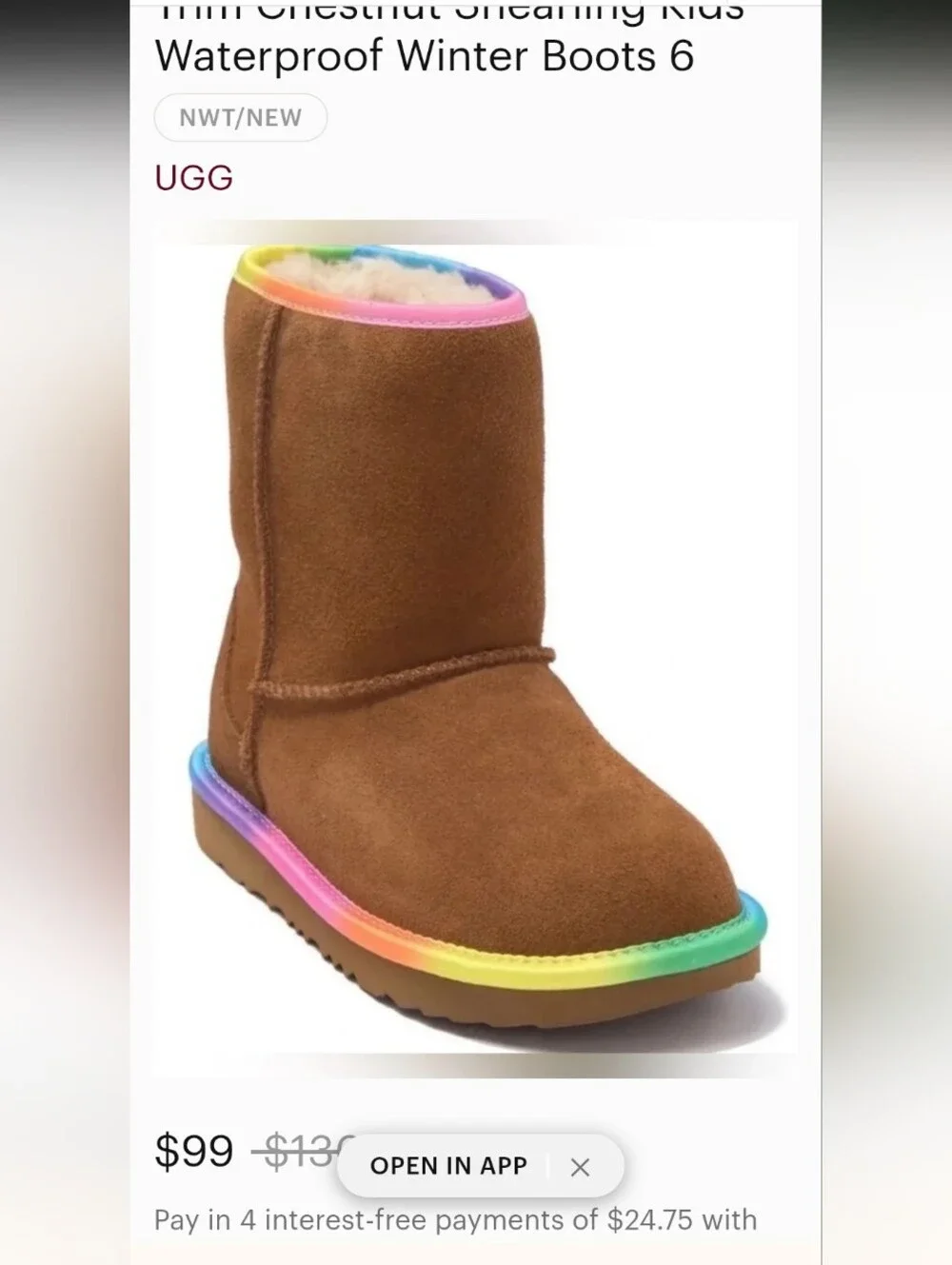 UGG Kids Brown Suede Boots with Rainbow Trim